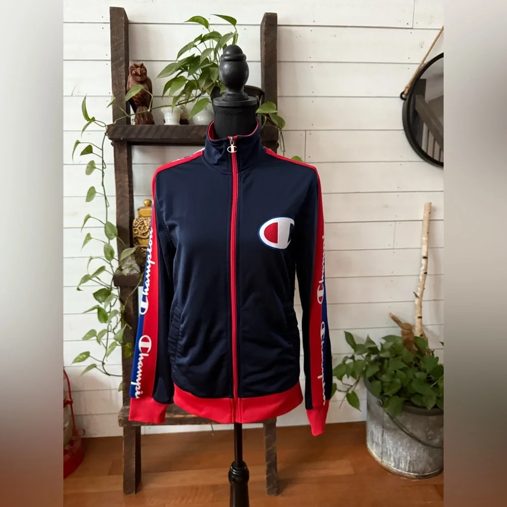 Champion Navy Blue and Red Zip-Up Jacket with Iconic Logo On Front Unisex